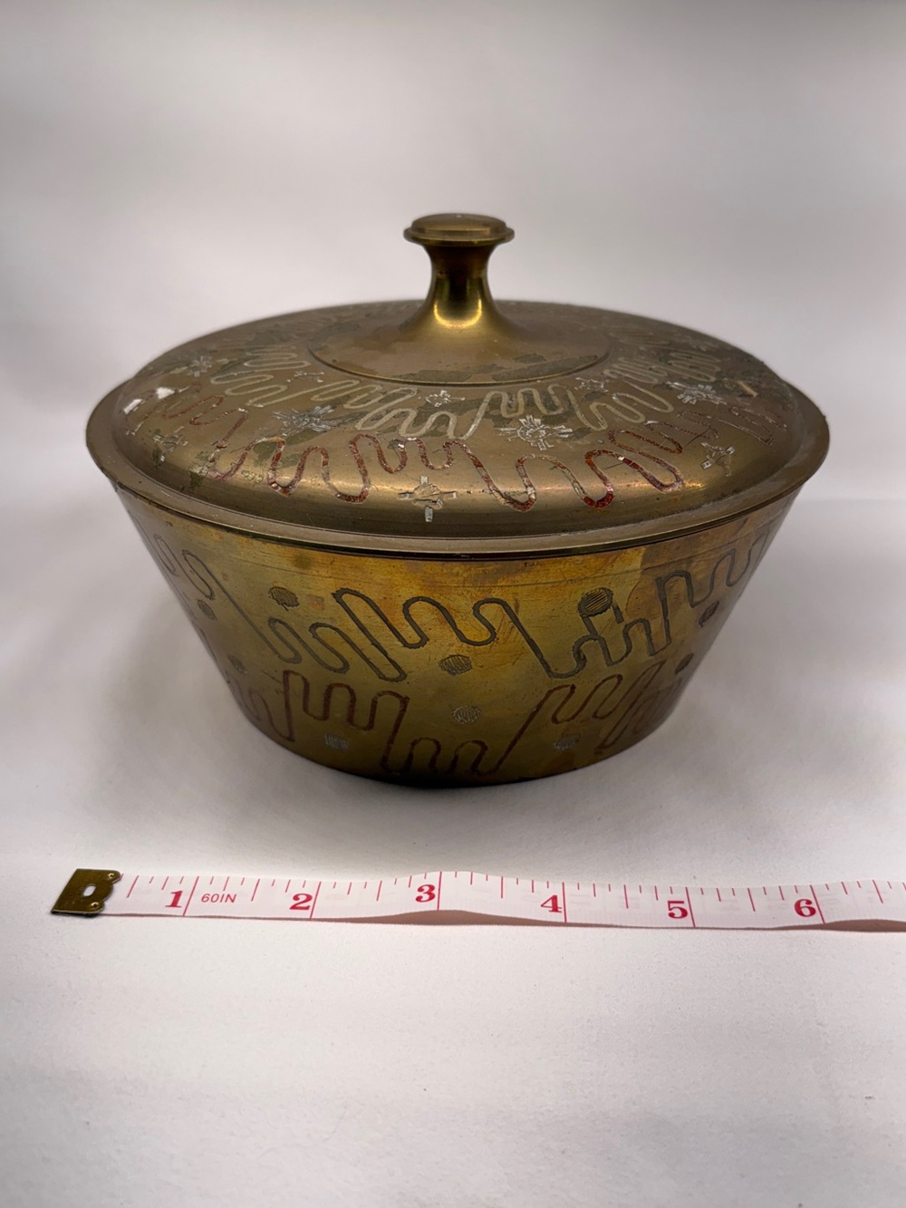 Vintage mid-century Indian hand etched lidded bowl